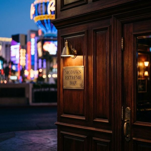 the exclusive dark wood entrance to the Motown Extreme Bar with distant, blurred Las Vegas Strip neon
