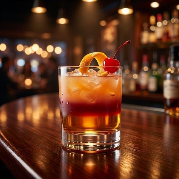 a layered signature cocktail garnished with an orange twist and maraschino cherry resting on a polished dark wood bar top