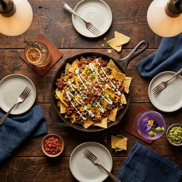 shared chili-nachos and unique cocktails