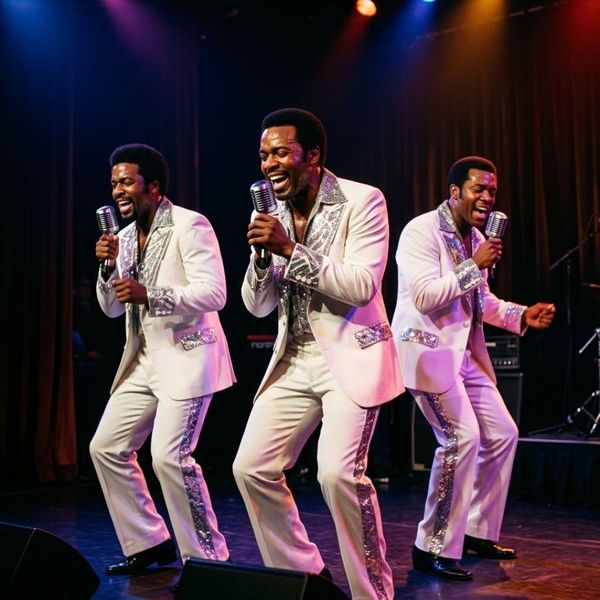 a theater stage showing a group of three Black male singers in retro, coordinated white and silver sequined 1970s suits