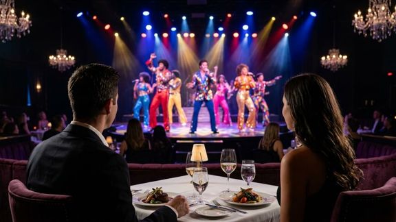 a couple dining in a dimly lit, upscale Las Vegas dinner theater