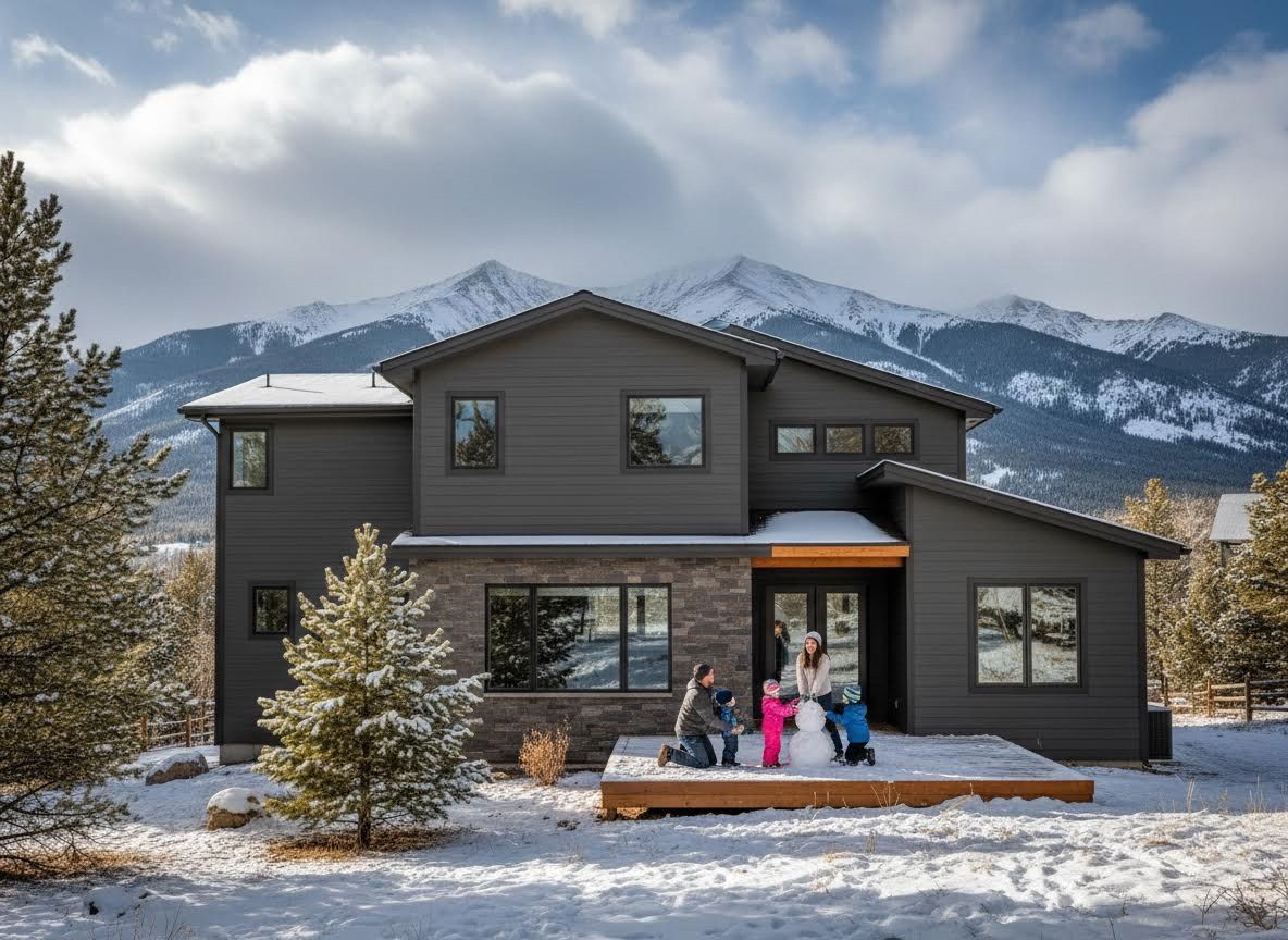 Family building snowman at a modern home with mountain views