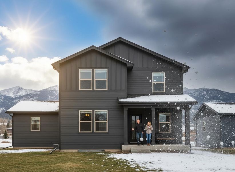 House with contrasting weather and a couple on the porch