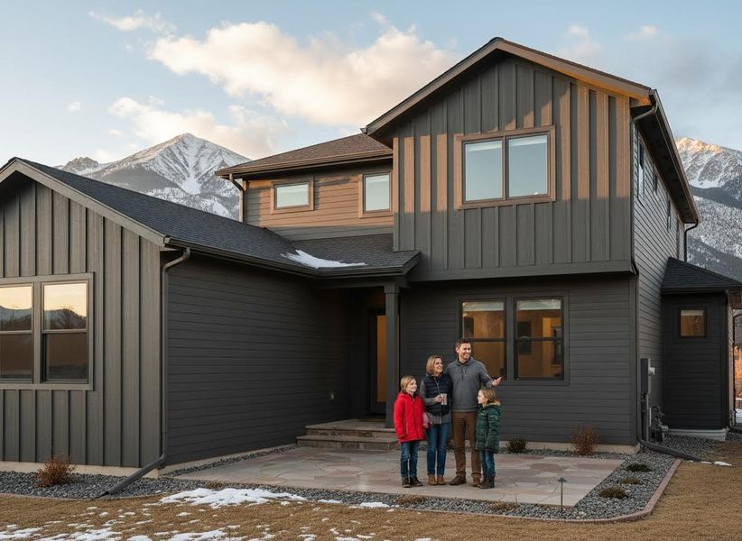 Family standing on a patio in front of a modern mountain home