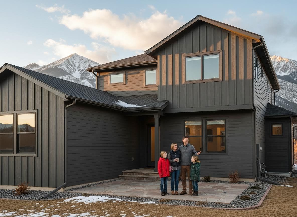 Family standing on a patio in front of a modern mountain home