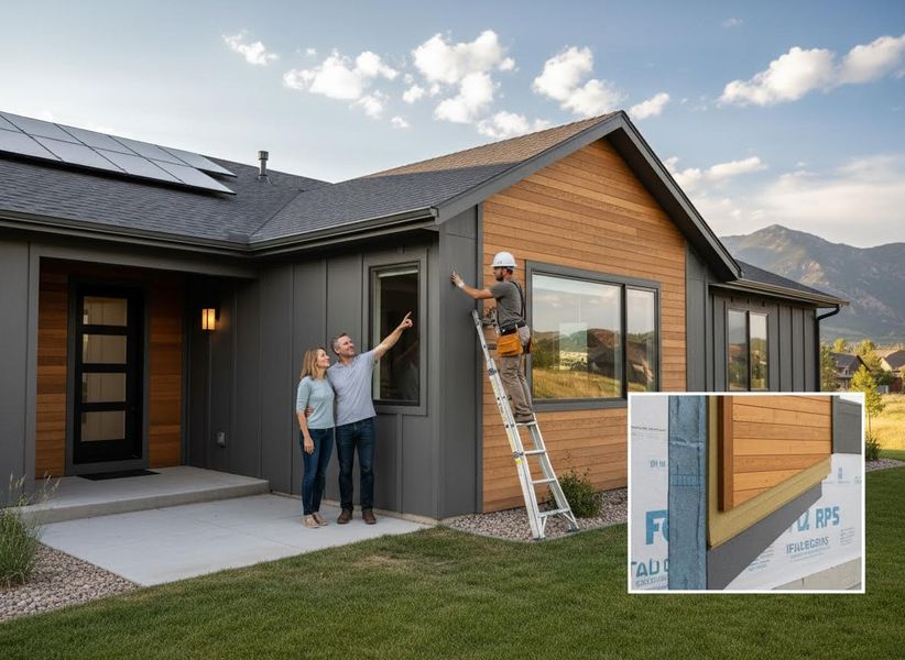 Homeowners and Contractor Inspecting Modern House Siding