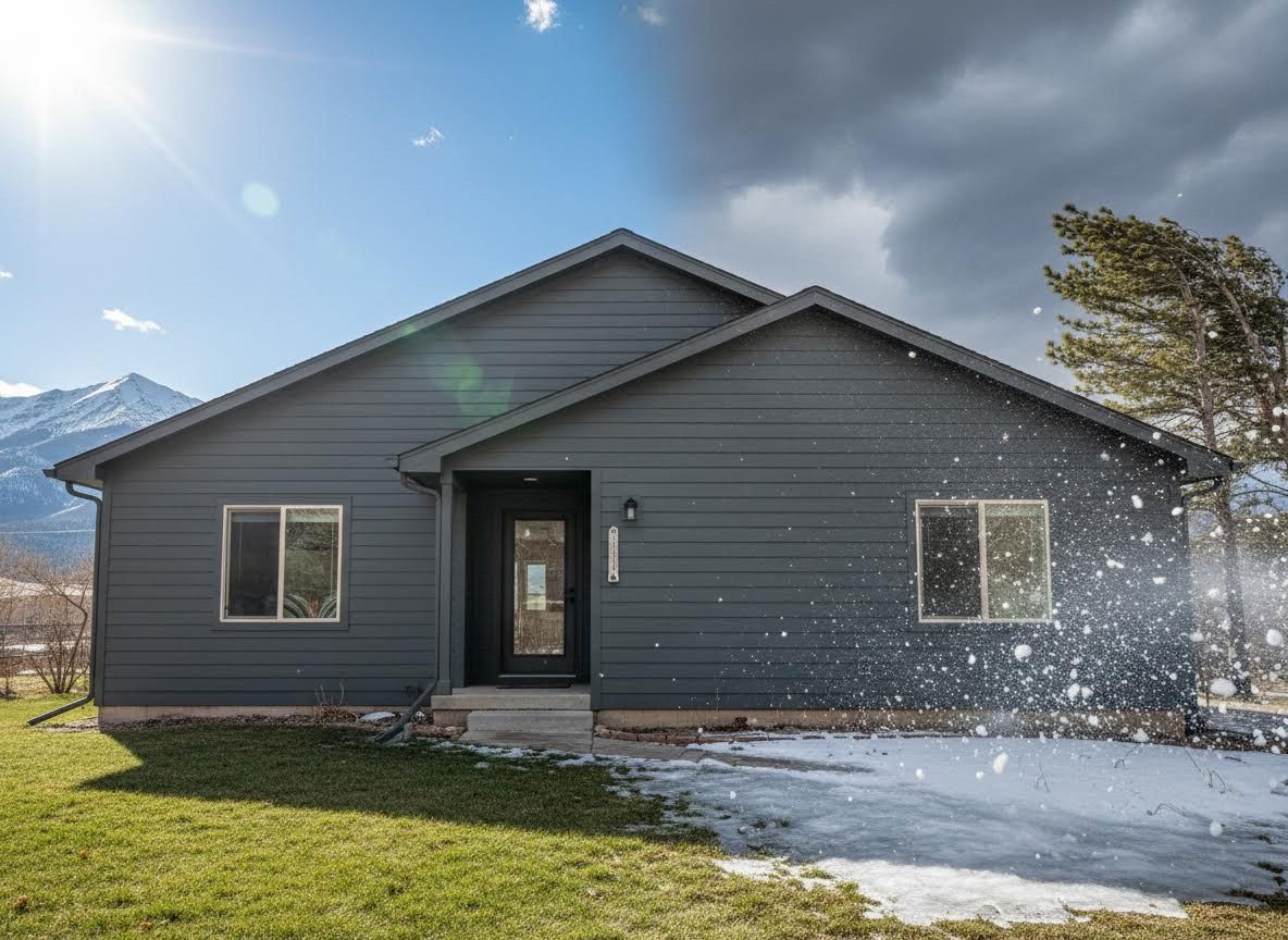 Modern Gray House with Split Sunny and Snowy Weather