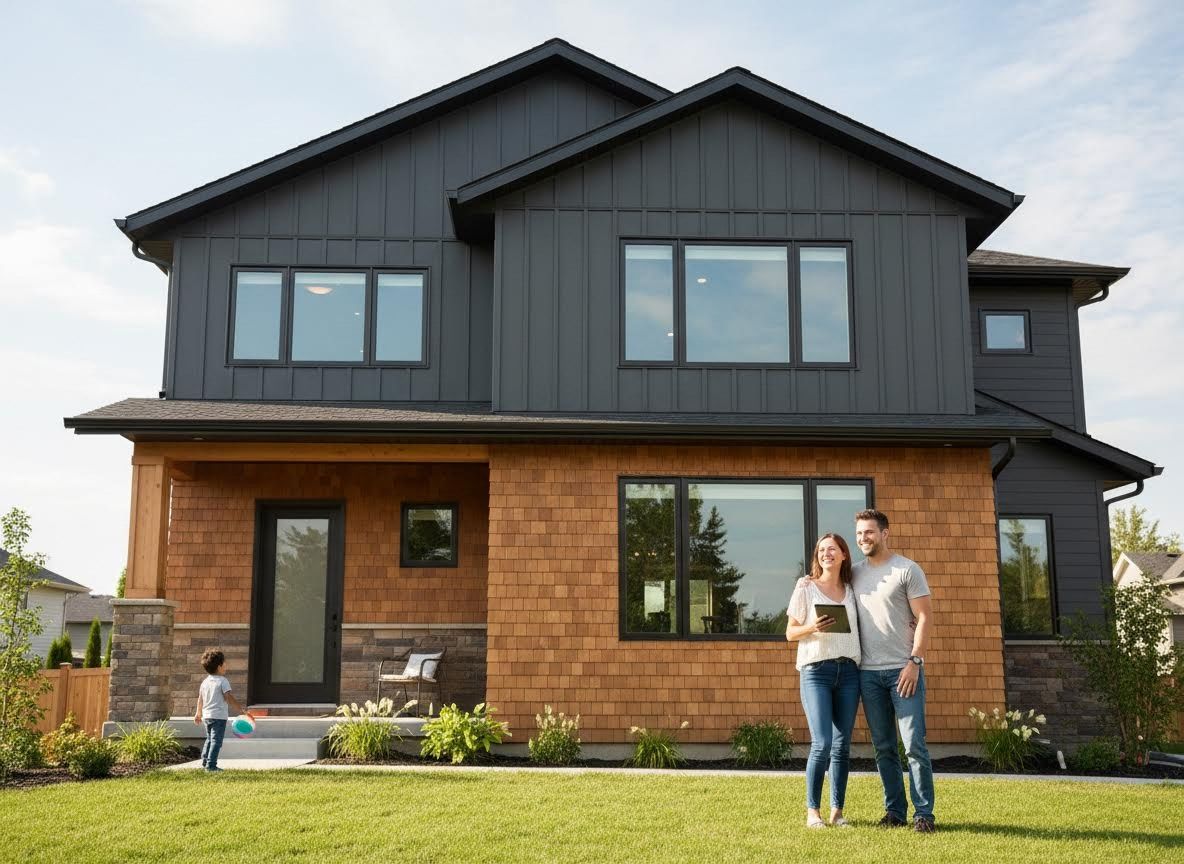 Family in front of their Modern Two-Story Home