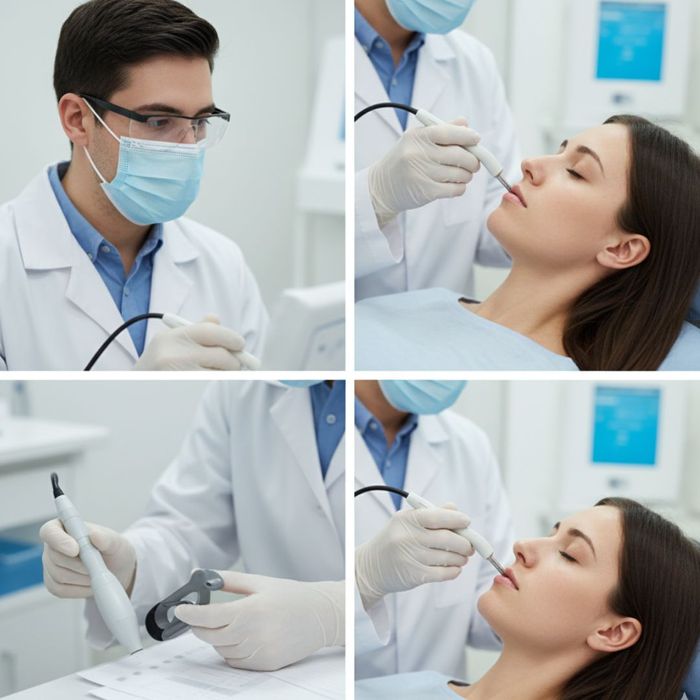 Doctor using medical device in patient's nose Doctor using medical device in patient's nose