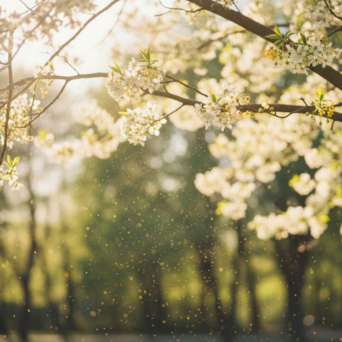 Blooming trees with pollen visible in air Blooming trees with pollen visible in air