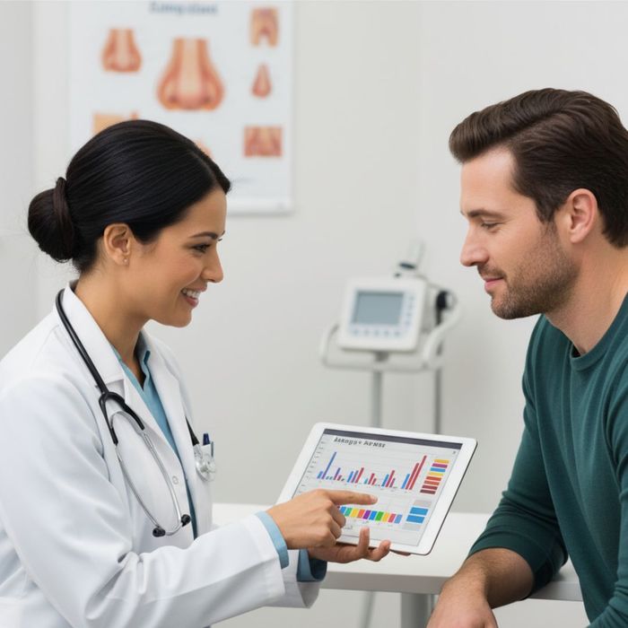 Doctor consulting with patient about allergy test results Doctor consulting with patient about allergy test results