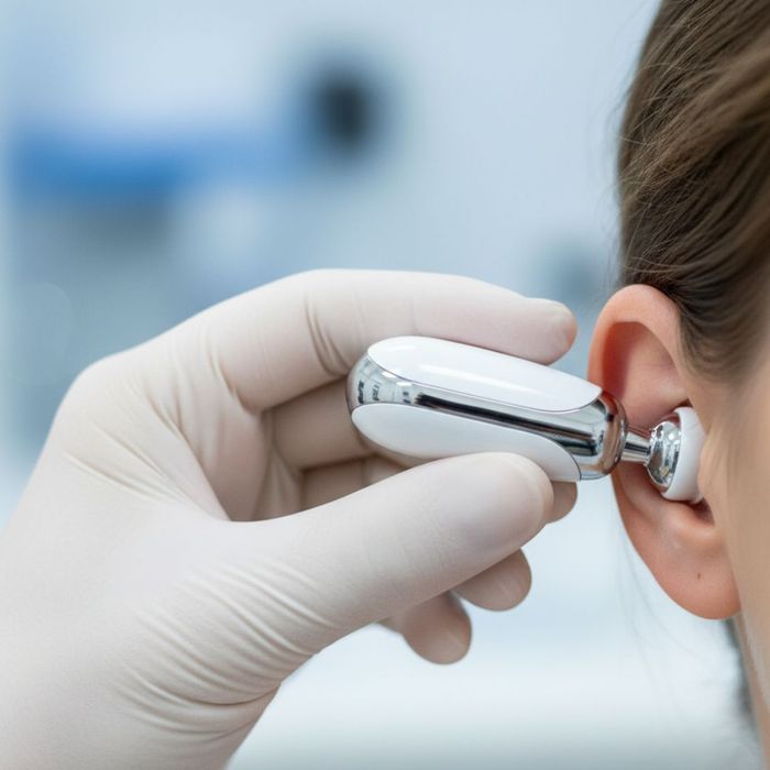 A hand in a medical glove performing a professional hearing diagnostic test on a patient's ear.