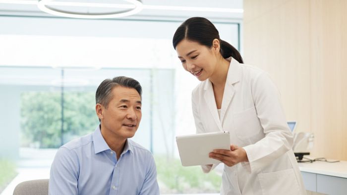 A compassionate ENT doctor speaking with a patient about advanced hearing health diagnostics. A compassionate ENT doctor speaking with a patient about advanced hearing health diagnostics.