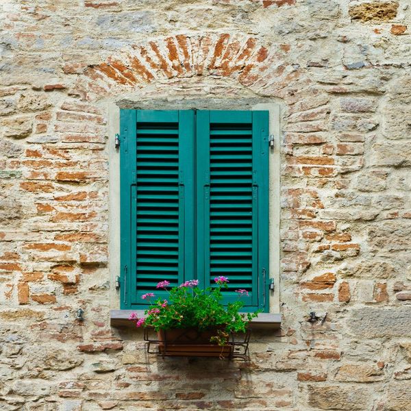 blue plantation shutters covering a window