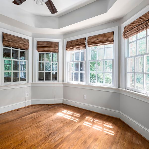 bright room with brown window shades