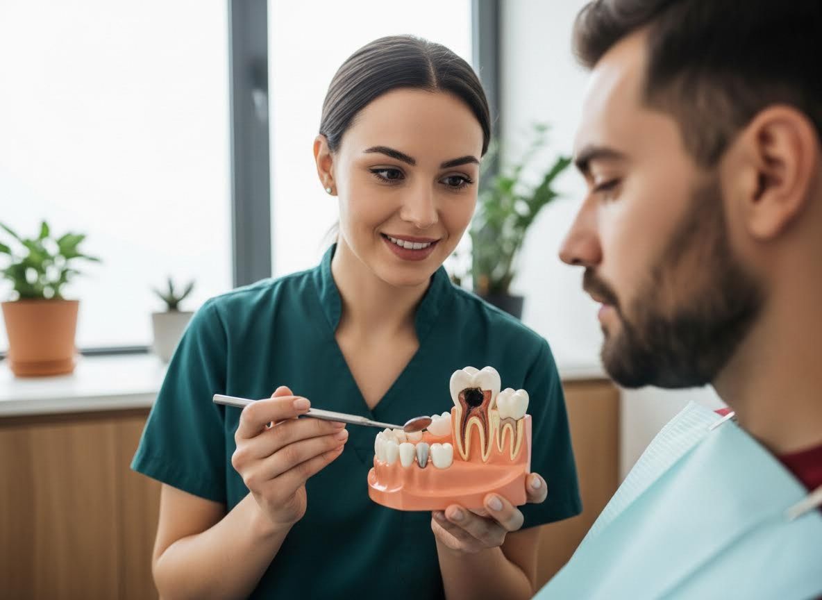 Dentist Explaining Dental Health to Patient with Model