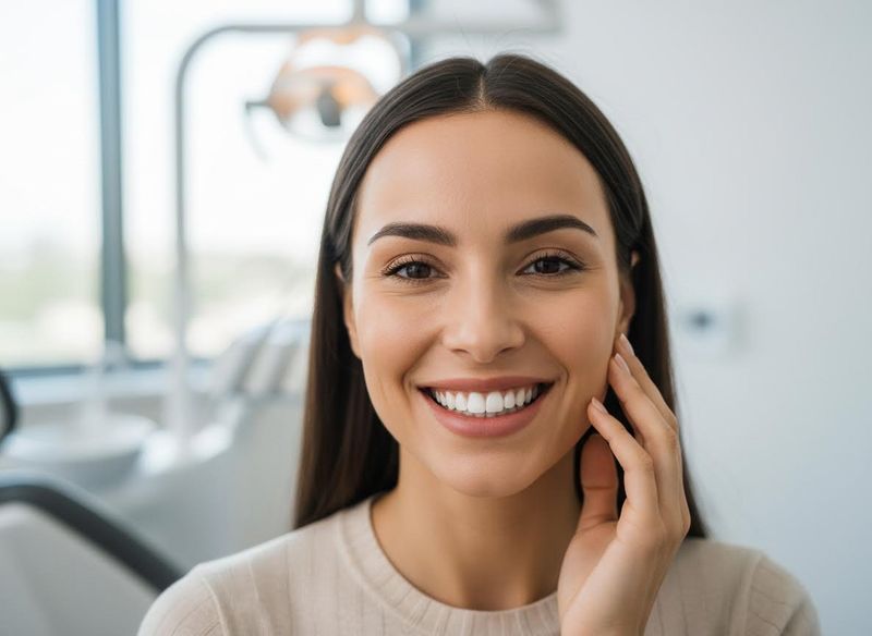 A young woman with a radiant smile and healthy white teeth, gently touching her cheek, sitting in a modern dental office. Happy Woman with Healthy Smile in Dental Clinic