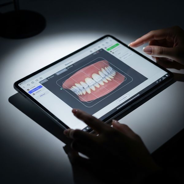 Digital rendering of a smile design on a tablet, illustrating personalized treatment planning.