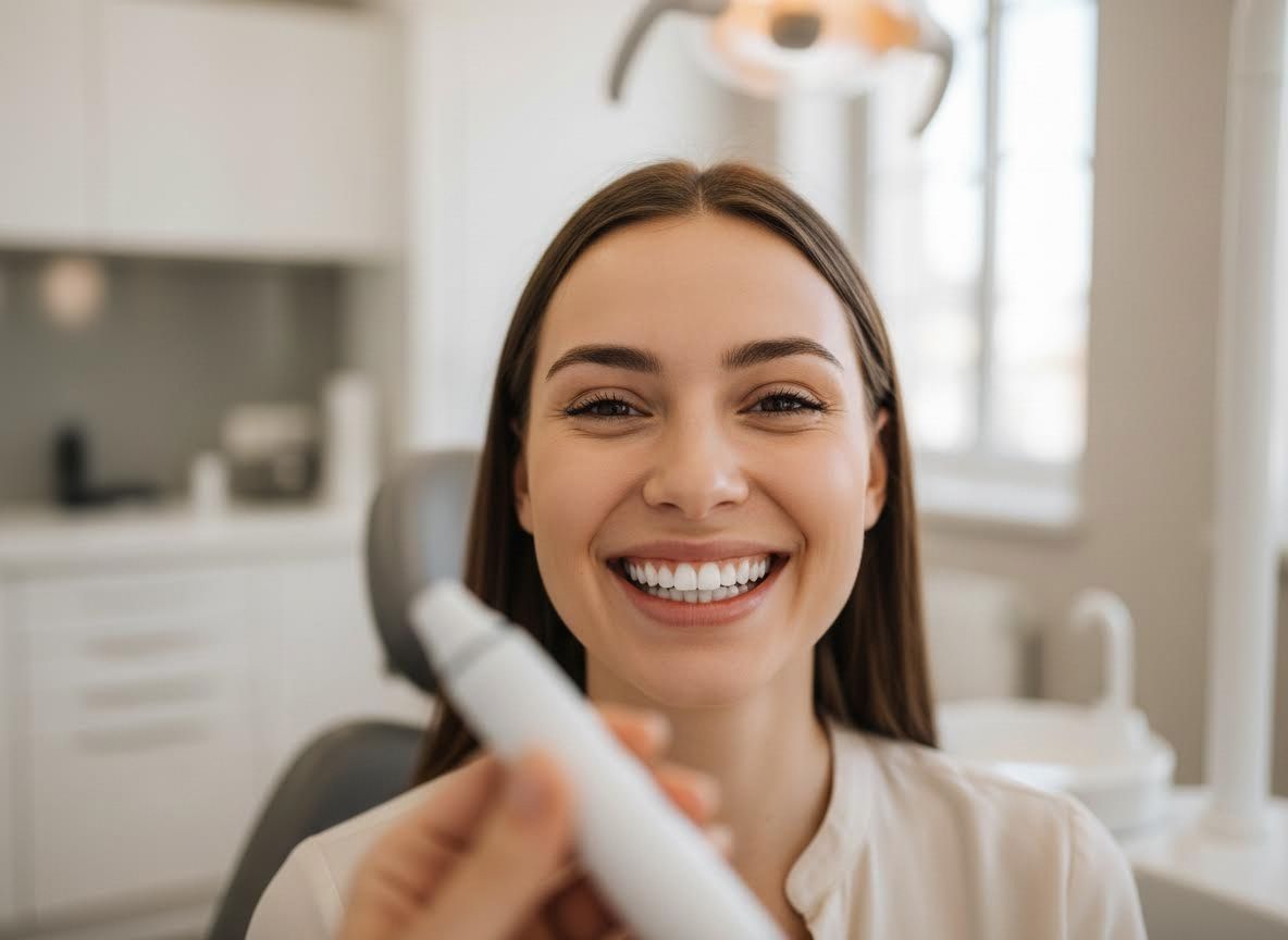 Smiling Woman with Bright Teeth in a Dental Office