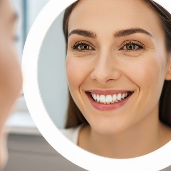 Close-up of a person admiring their perfect, symmetrical smile in a mirror.