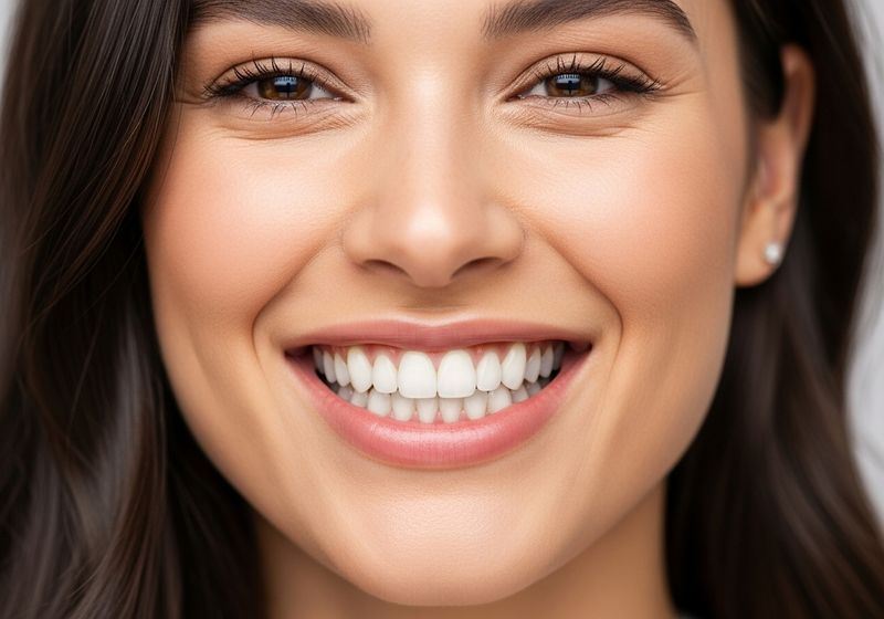 A confident person smiling widely, showcasing their perfect, aesthetically enhanced teeth.