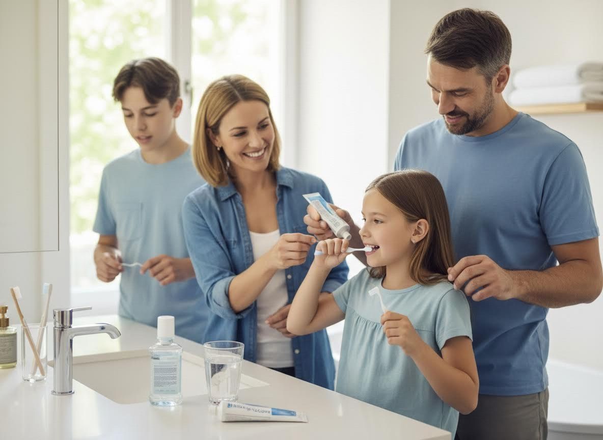 Family Brushing Teeth Together in Bathroom