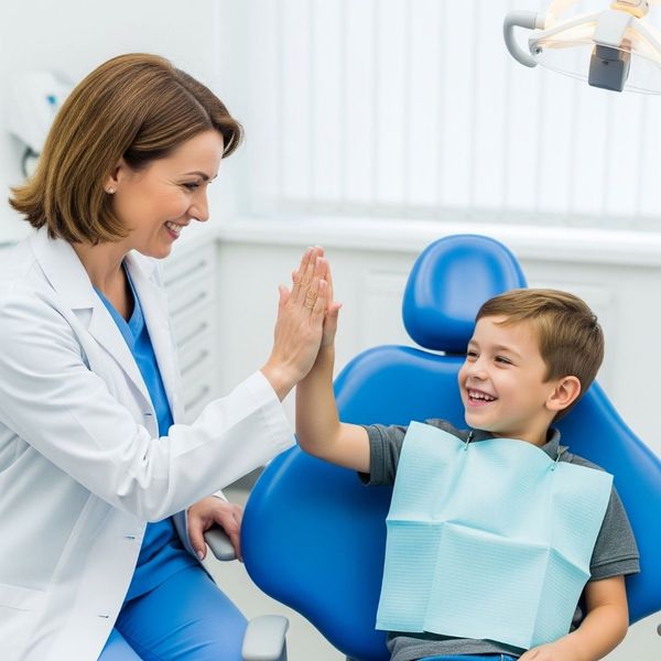 smiling child gives a high-five to a friendly dentist smiling child gives a high-five to a friendly dentist