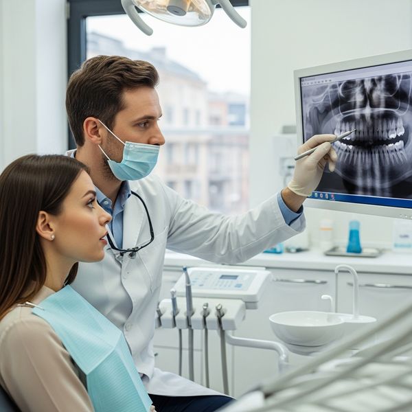 Dentist and patient reviewing a digital dental X-ray together to check for early signs of decay.