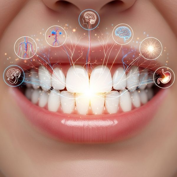 Conceptual image linking a healthy mouth to the overall wellness of the human body.