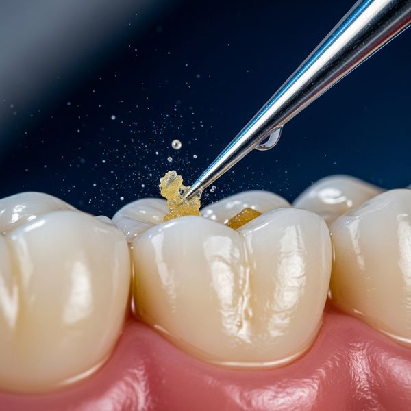 Close-up of a dental scaler removing tartar from the surface of a tooth during a professional dental cleaning.