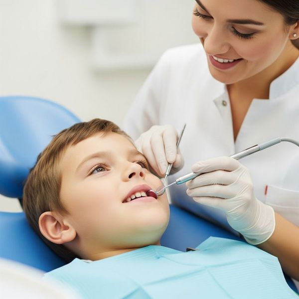 calm child lies back in a dental chair calm child lies back in a dental chair