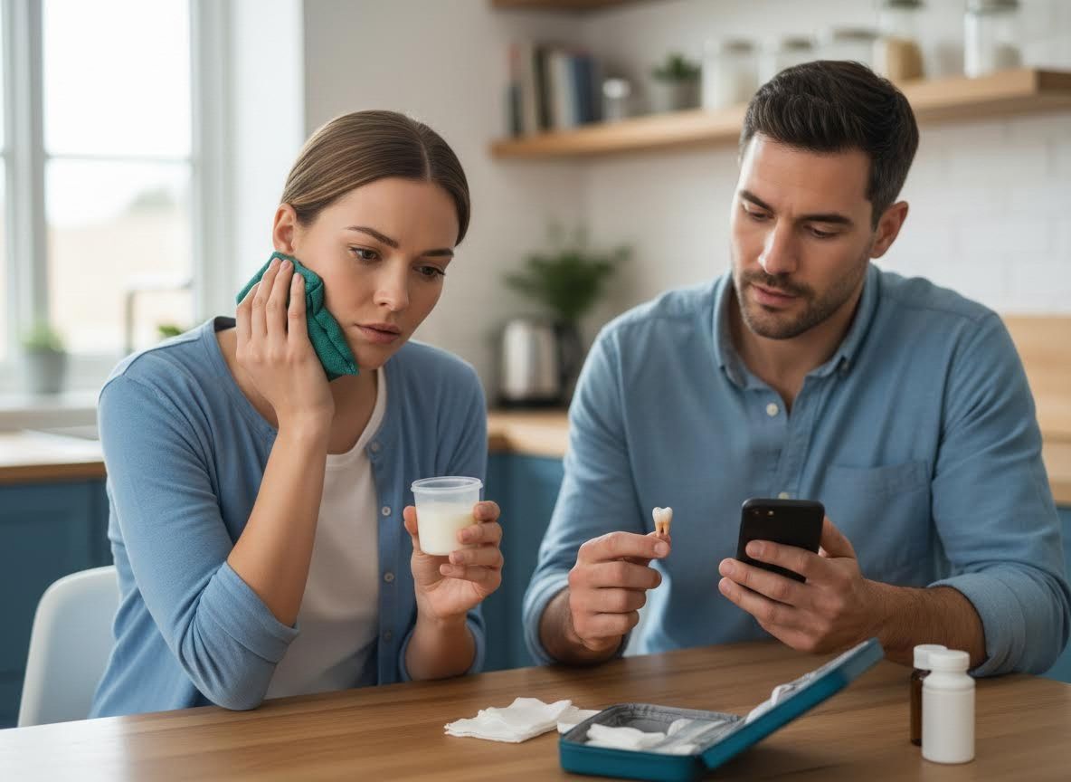 Couple at home dealing with a dental emergency