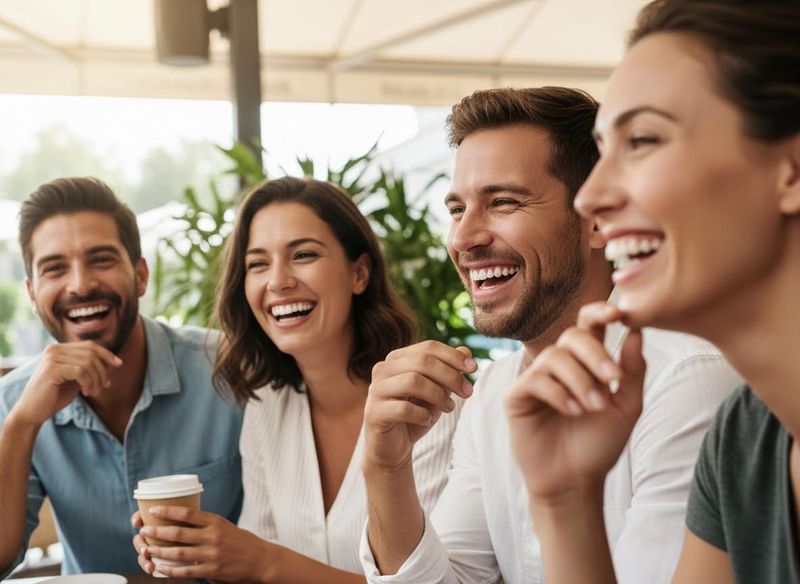 A diverse group of four friends, two men and two women, laughing and smiling heartily while enjoying a good time outdoors. Four friends laughing and socializing