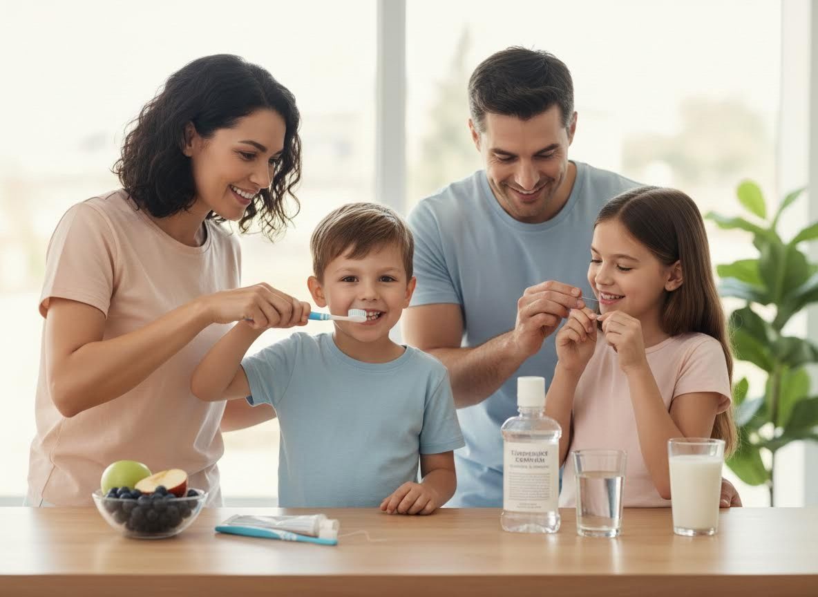 Happy Family Practicing Dental Hygiene Together