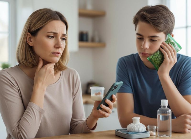 A concerned woman touches her throat while holding a phone and container, next to a boy with a frozen pea bag on his cheek. Concerned Mother and Son with Health Issues
