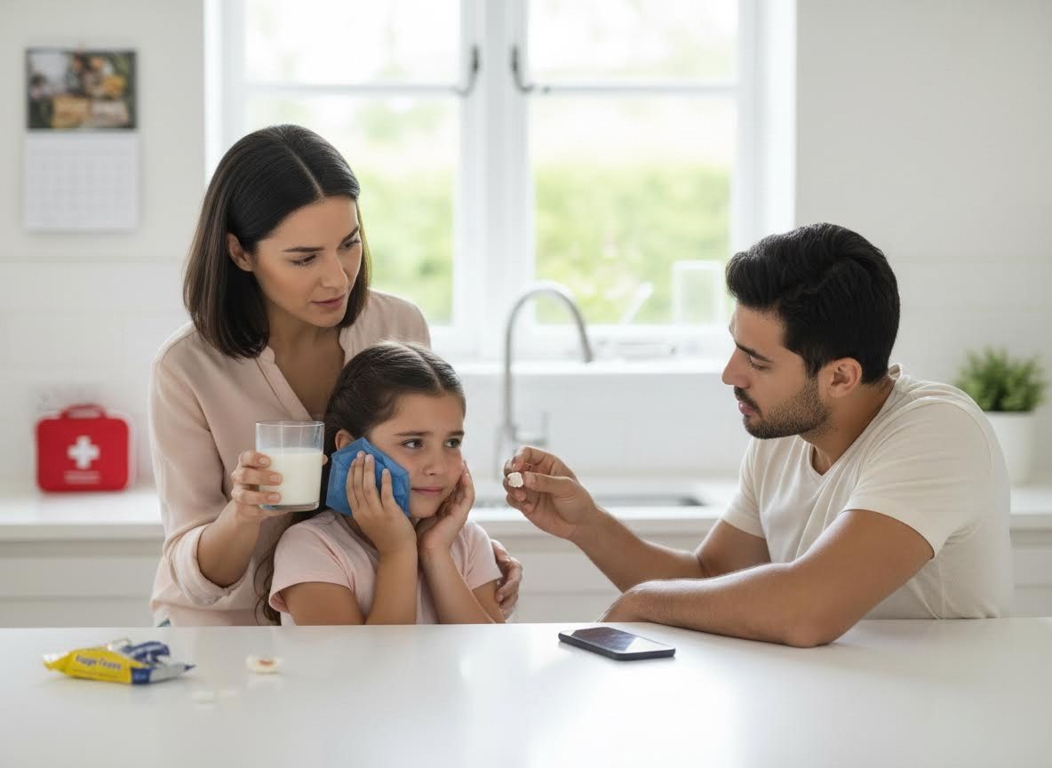 Parents comforting daughter with toothache