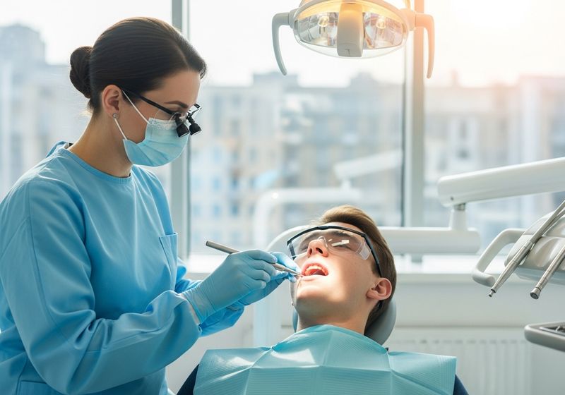 A dental hygienist performing a professional cleaning on a patient in a modern, bright Crown Dentistry office.