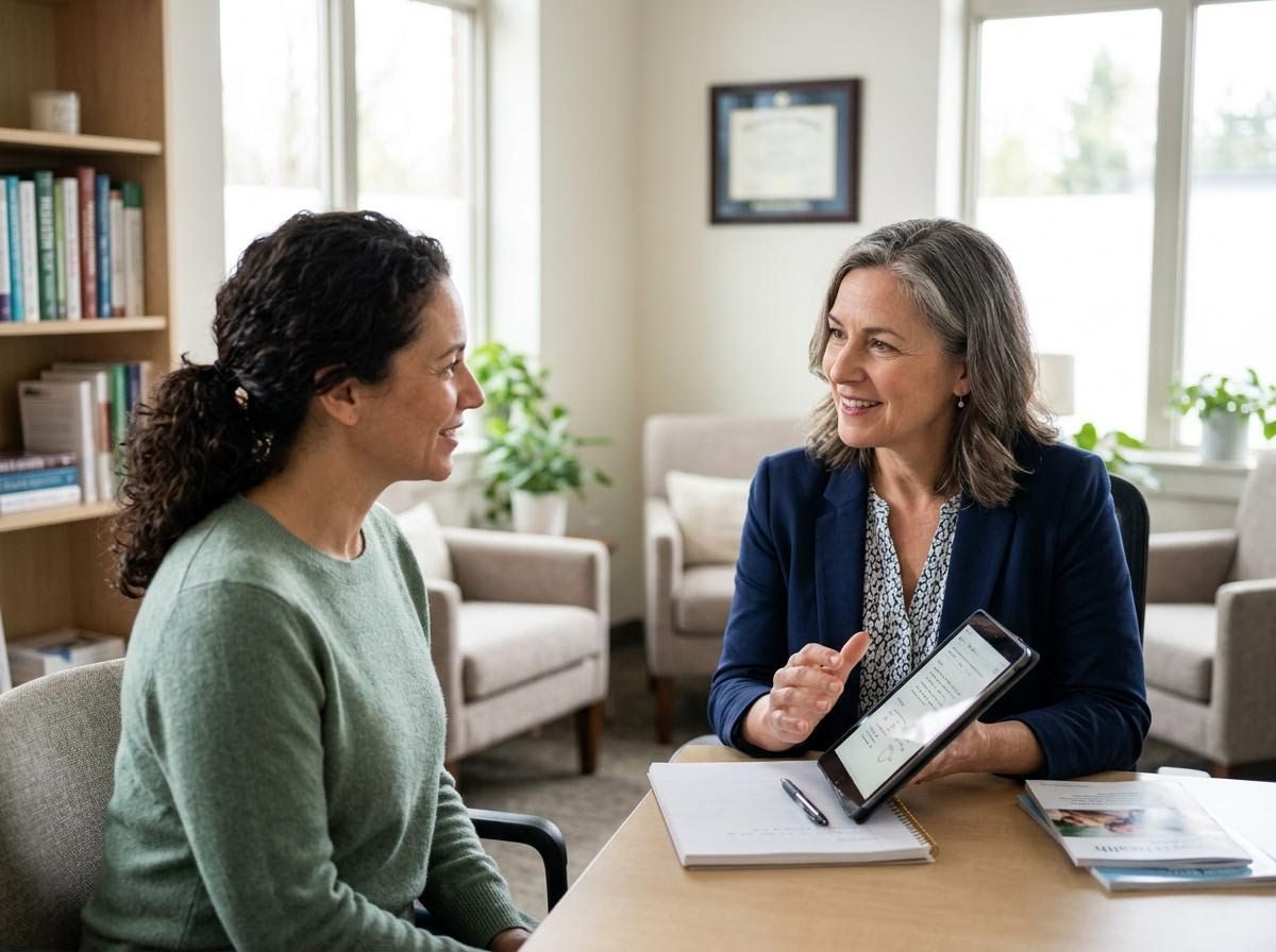 Woman presenting information on a tablet to a client