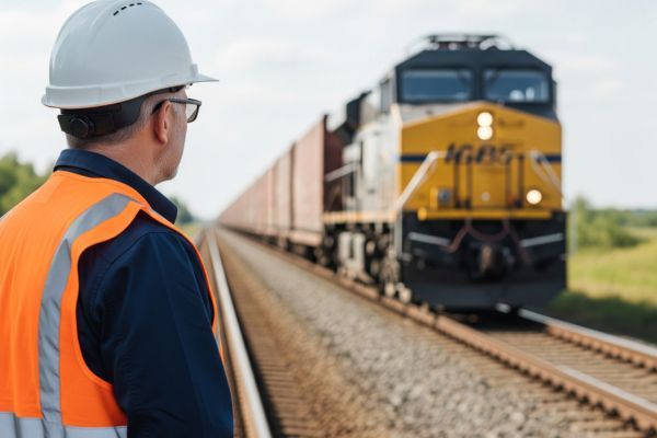 A logistics professional overseeing a train, representing a reliable fuel partnership.