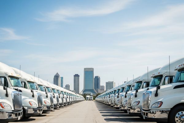 A fleet of commercial trucks in Jacksonville, representing fleet refueling services.
