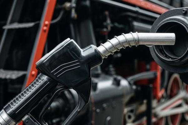 A clean fuel nozzle ready to service a locomotive, symbolizing quality fuel.