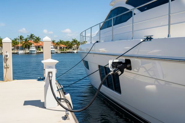 A boat receiving marine fueling services at a Port St. Lucie marina.