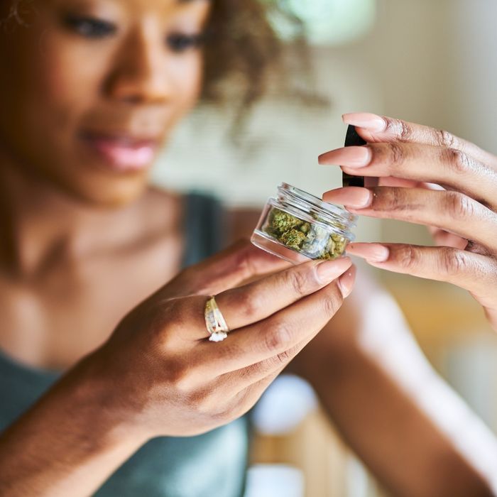 Woman grinding up some marijuana she purchased Woman grinding up some marijuana she purchased