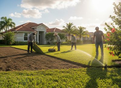 Four workers lay green sod in a sunny residential yard, with a house, palm trees, and sprinklers in the background. Landscaping Crew Installing New Sod