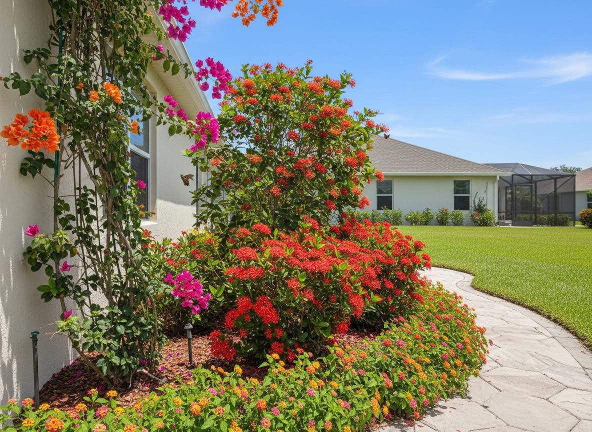 Vibrant Tropical Garden with Colorful Flowers and Stone Pathway
