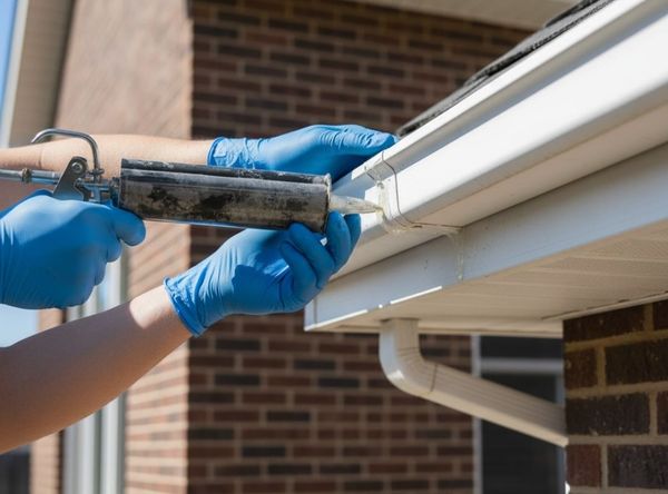 A skilled technician wearing safety gloves applies sealant to a leaking corner joint of an aluminum gutter, demonstrating a professional gutter repair.