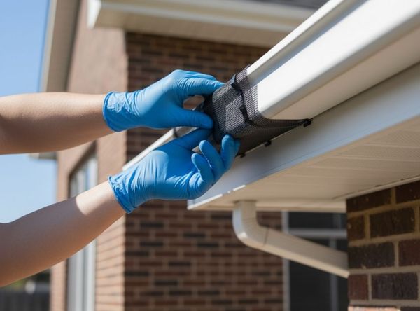 A close-up view of a high-quality mesh gutter guard being installed over a gutter, showing how it will block leaves while allowing water to pass through.