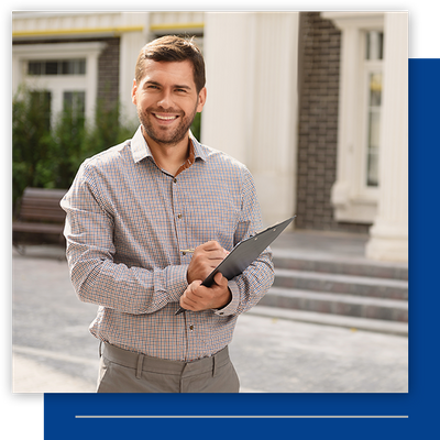 happy property manager with clipboard