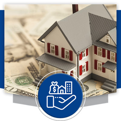 model house on money, money/neighborhood in hand icon