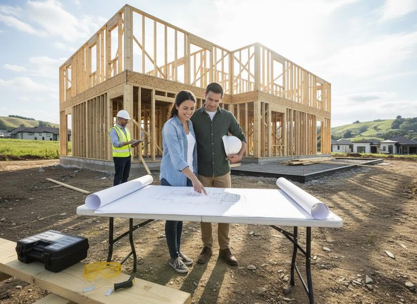 Couple Reviews Blueprints at New Home Construction Site